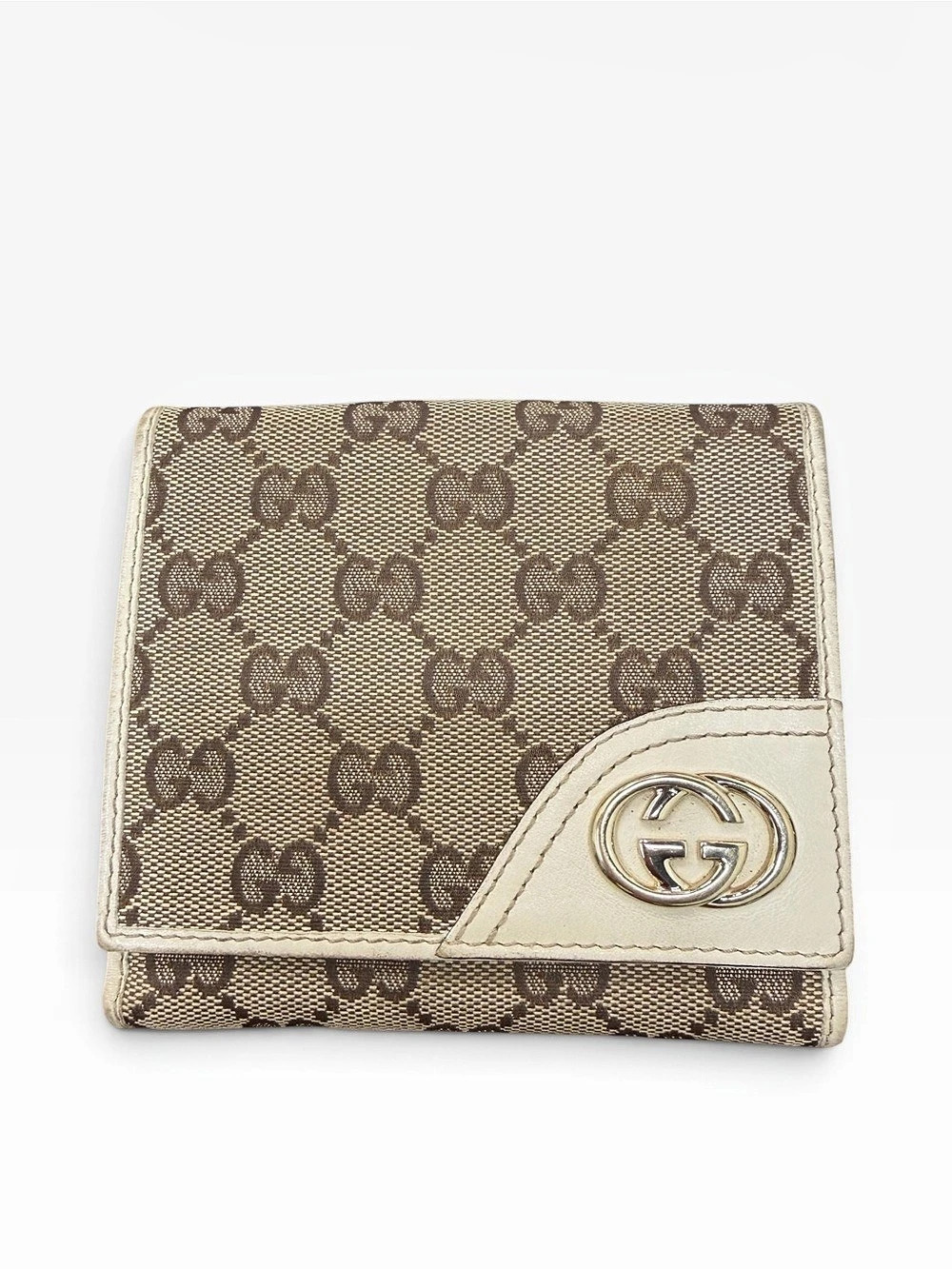 Gucci GG Canvas Compact Trifold Wallet with White Leather Trim Monogram Wallet